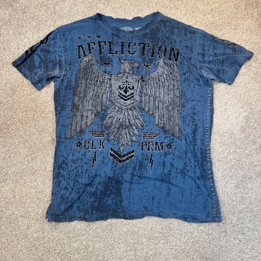 Affliction Black Premium Men XL Blue Distressed Eagle Graphic T-Shirt Whipstitch